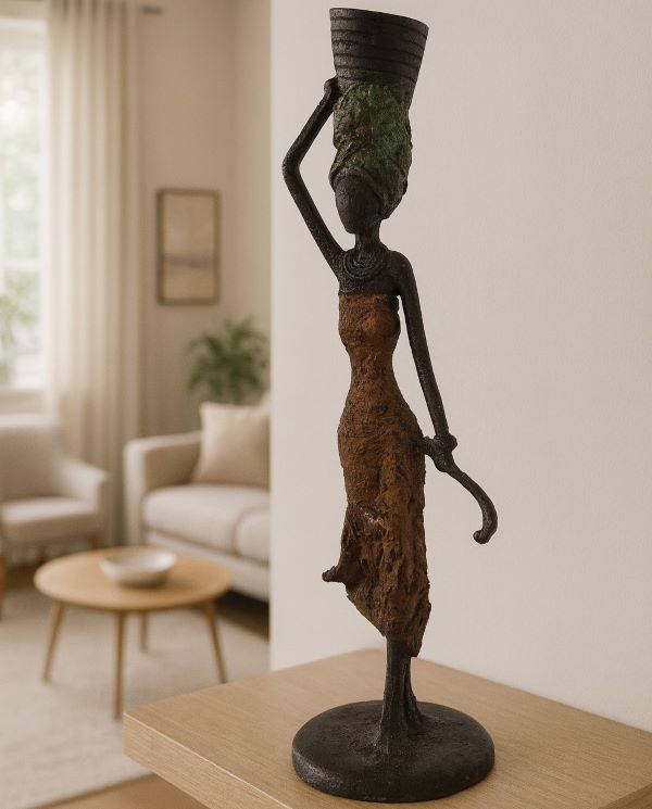 Sculpture bronze femme panier – silhouette africaine élégante portant un panier