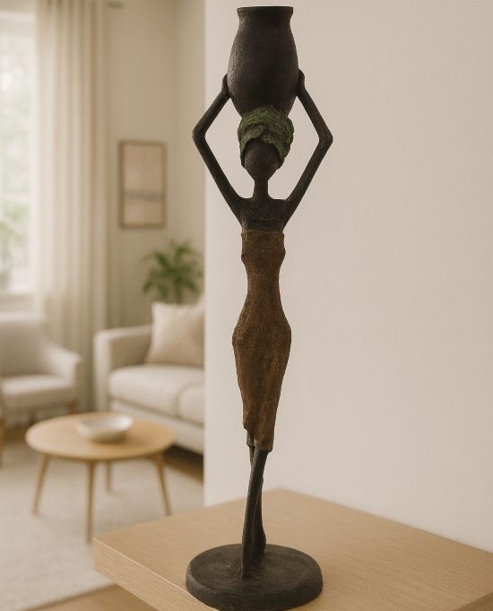 Sculpture bronze femme jarre – silhouette africaine élégante portant une jarre
