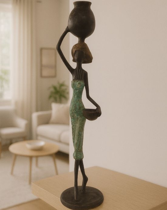 Sculpture bronze femme calebasse – silhouette africaine moderne et élégante
