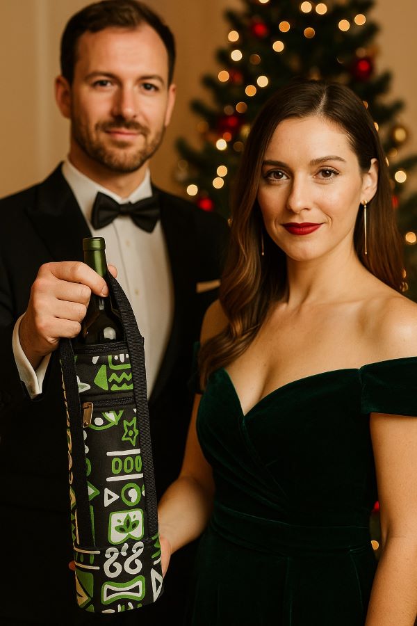 Porte-bouteille isotherme en tissu wax vert et noir, modĂšle artisanal yoleleboutique