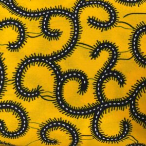 Tissu wax africain jaune à motifs spirales noirs - textile africain symbolique